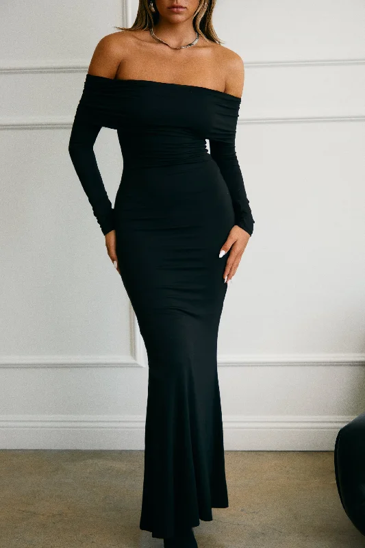 Ryana Off The Shoulder Maxi Dress - Black Comfortable Satin Maxi Dress