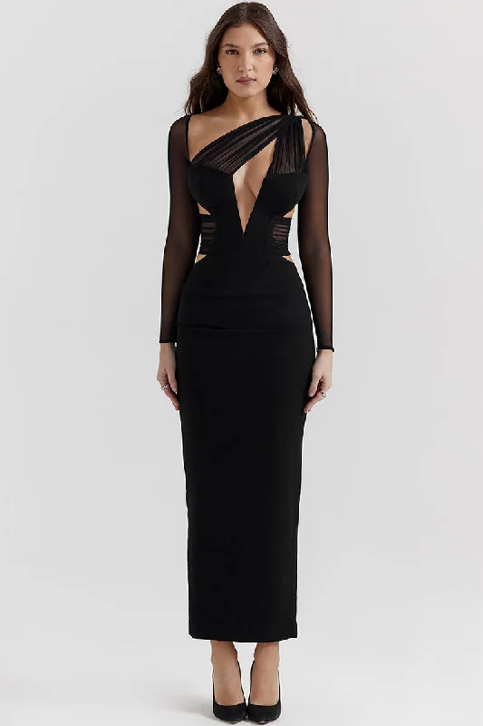 Sexy Sheer Ruched One Shoulder Cutout Bodycon Evening Maxi Dress - Black Comfortable Casual Maxi Dress