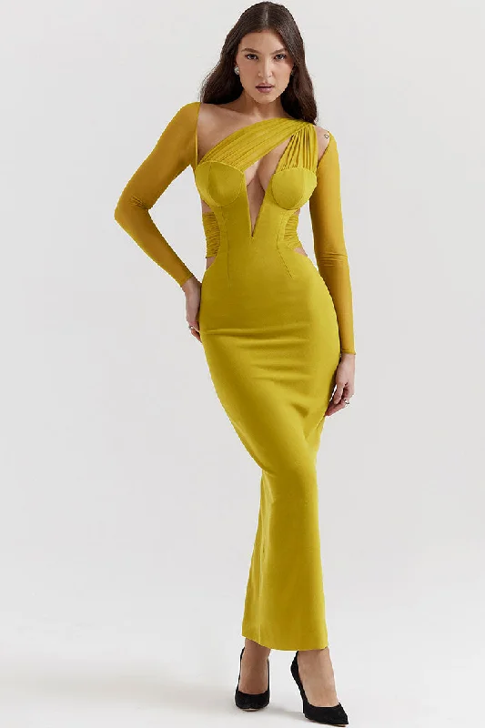 Sexy Sheer Ruched One Shoulder Cutout Bodycon Evening Maxi Dress - Yellow Elegant Boho Maxi Dress