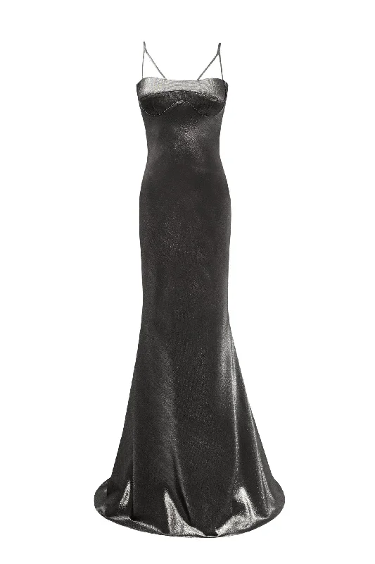 Shimmering graphite maxi dress Elegant Lace-Up Maxi Dress