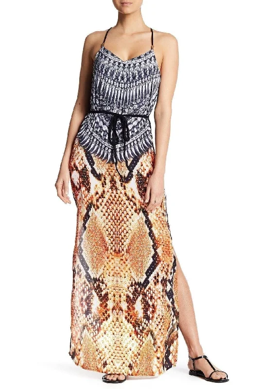 Printed T Back Maxi Dress with Front Pockets Elegant Maxi Dress with Ruffles