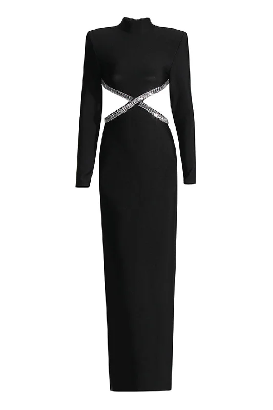 Sparkly Rhinestone Cutout Backless Long Sleeve Bandage Formal Maxi Dress Comfortable Satin Maxi Dress