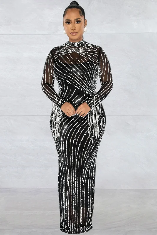 Sparkly Rhinestone Fringe Long Sleeve Sheer Evening Maxi Dress - Black Cozy Spaghetti Strap Maxi Dress