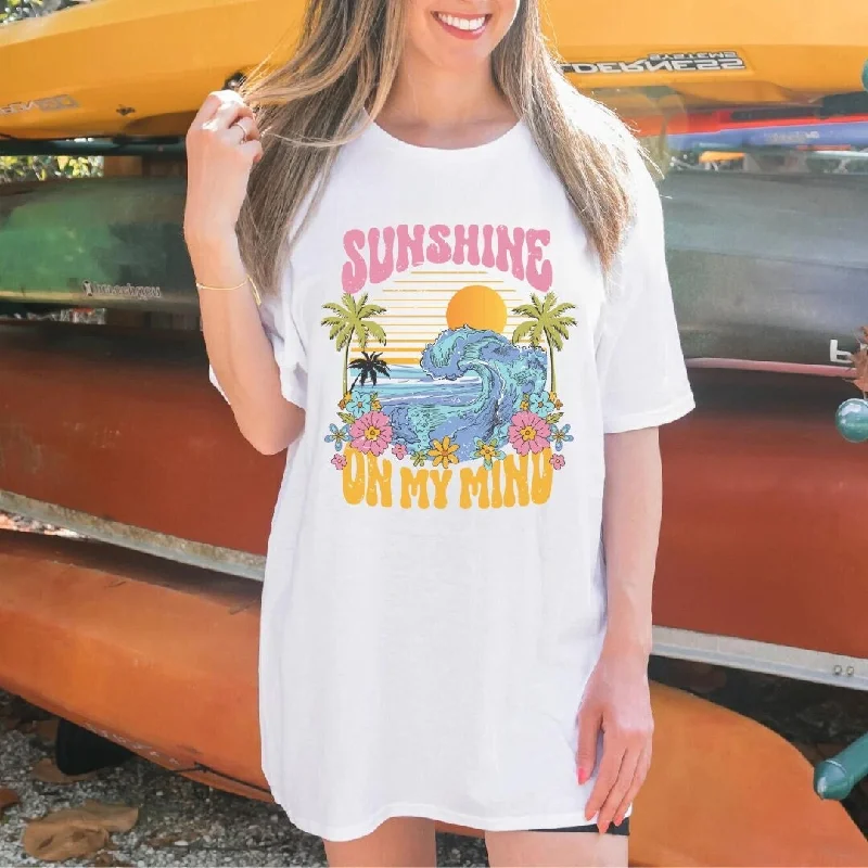 Sunshine on My Mind Beach Tee - Sunshine Aesthetic - Summer Beach Tee - Bella Canvas Oversized Women's Tee Solid Color Striped Floral