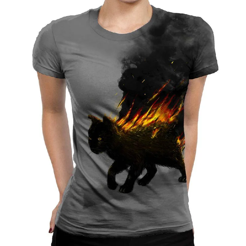 The Cat Is On Fire Womens T-Shirt Welt Pockets Slit Pockets Flap Pockets