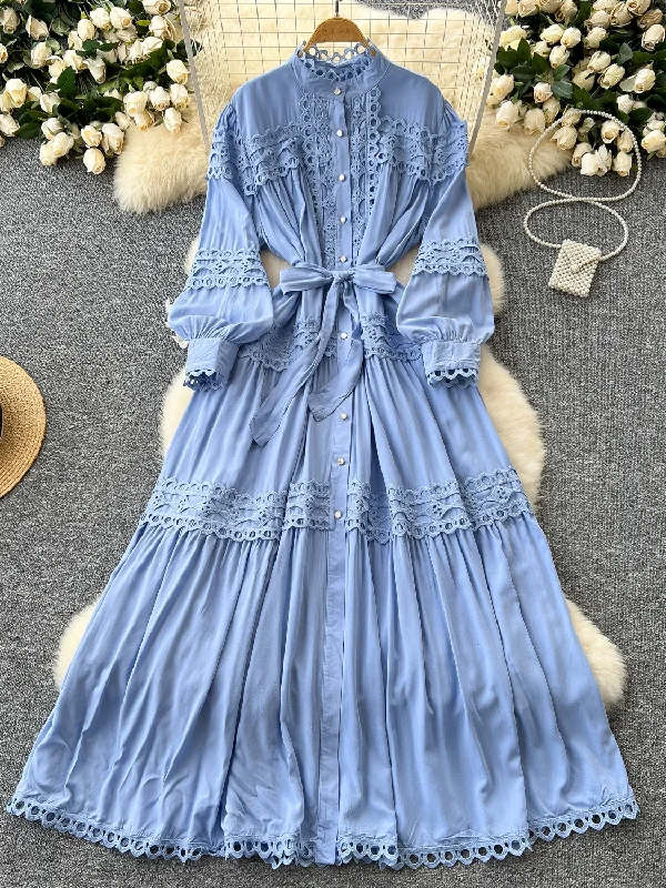 Tie Wais Button Blue Lace Maxi Dress Fashionable Layered Maxi Dress