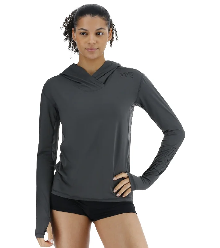 TYR Women's SunDefense Long Sleeve Hooded UPF 50+ Swim Shirt Dark Shadow Sexy Cutout Swimsuit