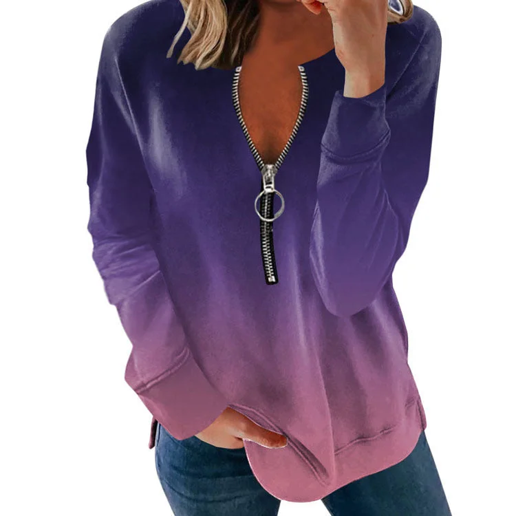 V-neck Long-sleeved Faded Flame Loose Zipper T-shirt Lace Blend Ribbed Blend Corduroy Blend