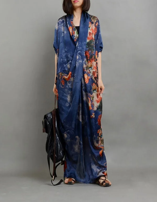 Vintage Printed Silk Cross Body V-Neck Maxi Dress Stylish Empire Waist Maxi Dress