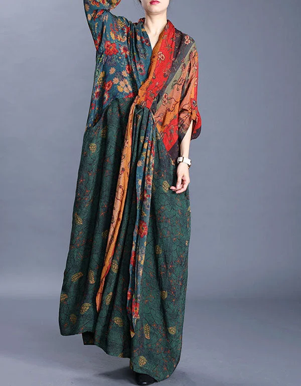 Vintage Printed V-Neck Irregular Maxi Dress 3/4 Sleeves Cozy Knit Maxi Dress