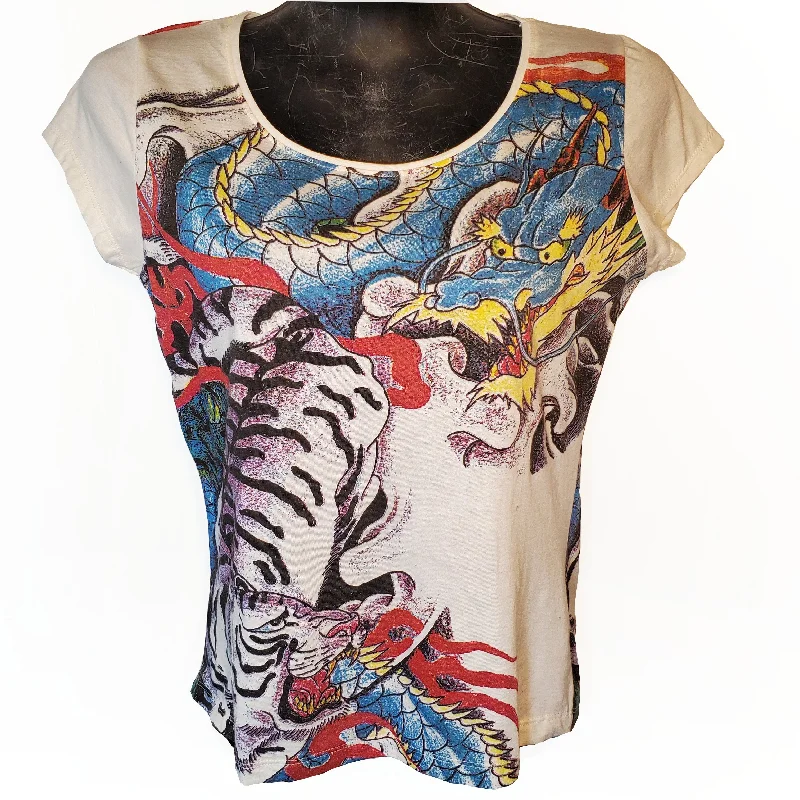 White Tiger Blue Dragon Womens Cotton T-Shirt Jersey Fabric Tulle Fabric Batik Fabric