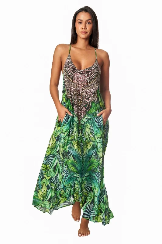 Wild Country Tropical Print Racerback Maxi dress with front pockets Elegant Floral Maxi Dress