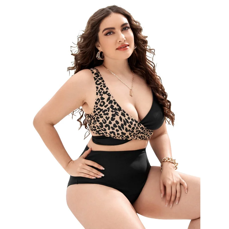 Women Fashion Sexy Deep V Leopard Color Contrast High Waist Plus Size Swimsuit Adjustable Strap Swimsuit