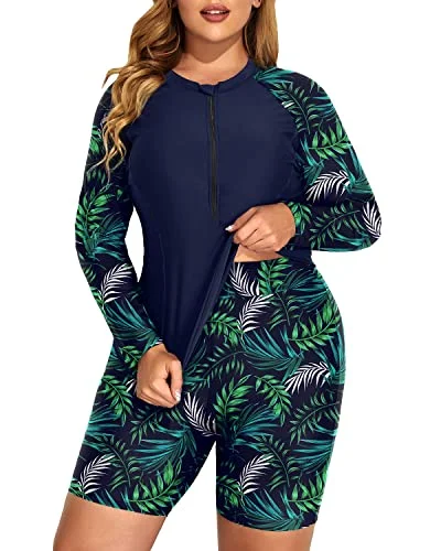 Athletic Women's Rash Guard Tankini Boy Shorts Bottom-Navy Blue Leaf Beach Ready Swimsuit