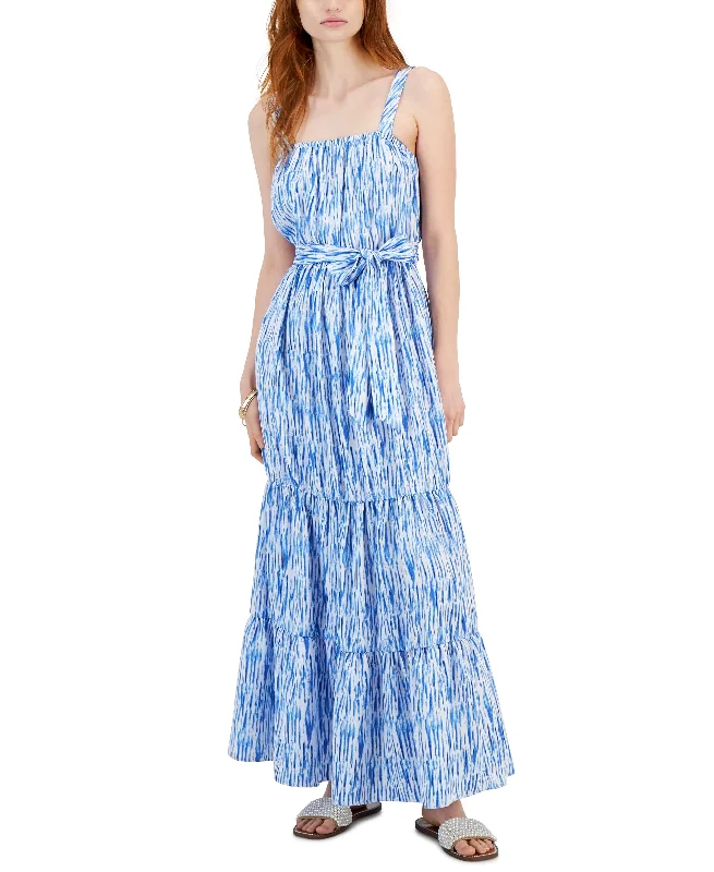 Women's Printed Tiered Tie-Waist Maxi Dress Comfortable Cotton Maxi Dress