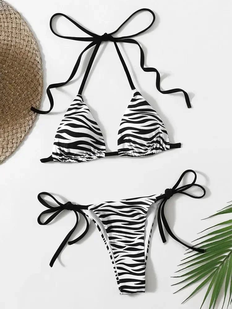 Women's Sexy Zebra Striped Micro Bikini Set: Halter Swimwear, Mini Thong, String Lace-Up Bathing Suit Sleek Full Coverage