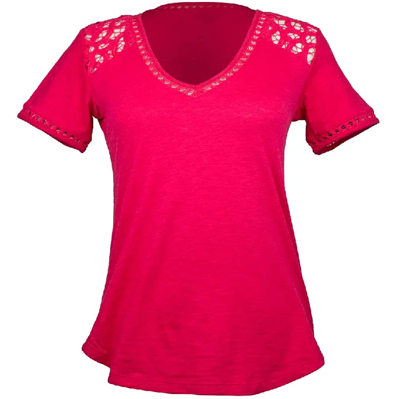 Wrangler Women's Crochet Shoulder V-Neck T-Shirt Lace Blend Ribbed Blend Corduroy Blend