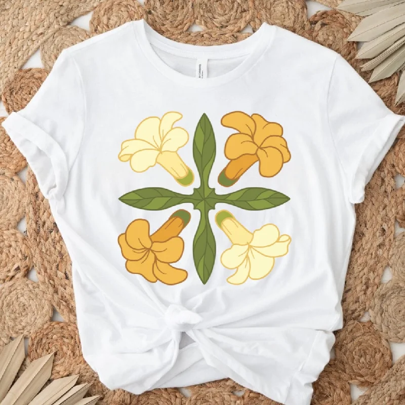 Yellow Hawaiian Quilt Beach Tee - Hawaiian Floral Tee - Trendy Oversized Beach Tee - Bella Canvas Unisex Oversized Tee Cashmere Blend Cotton Blend Poly Blend