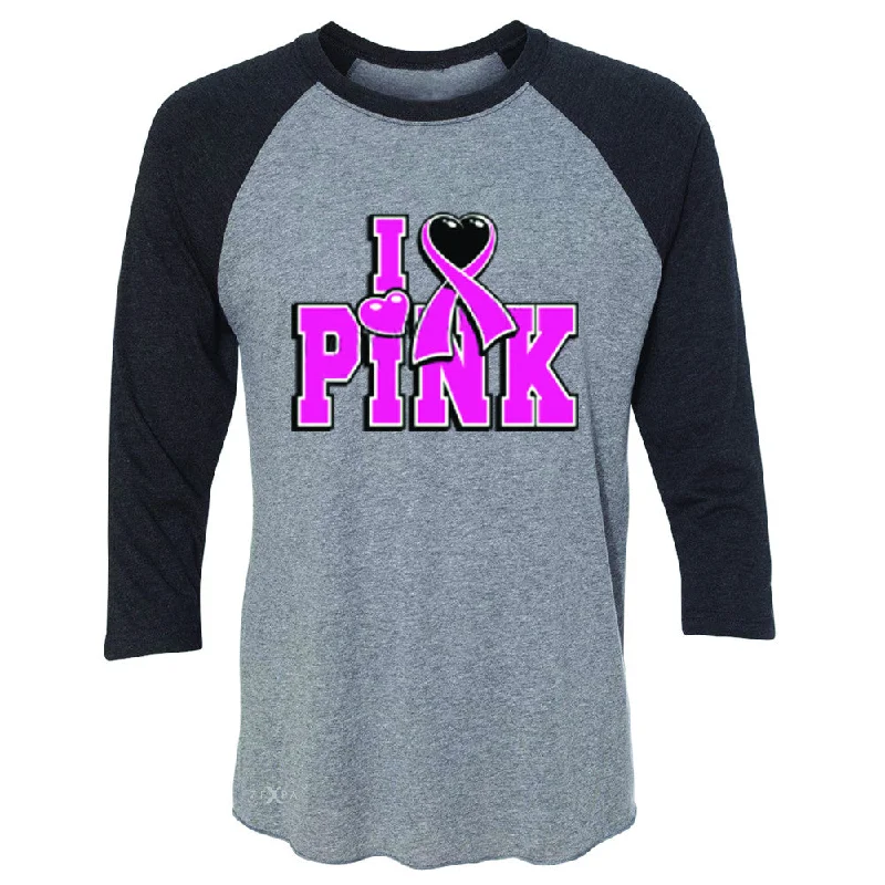 Zexpa Apparel™I Love Pink - Pink Heart Ribbon 3/4 Sleevee Raglan Tee Breast Cancer Tee Hooded Caped Shawl Collar