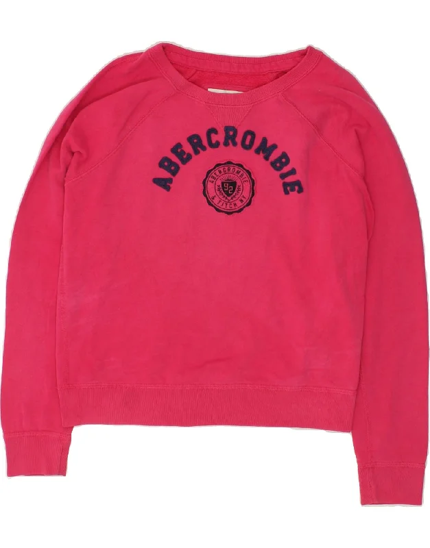 ABERCROMBIE & FITCH Womens Graphic Crop Sweatshirt Jumper UK 16 Large Pink Hoodie with Puffed Sleeves Voluminous Trendy