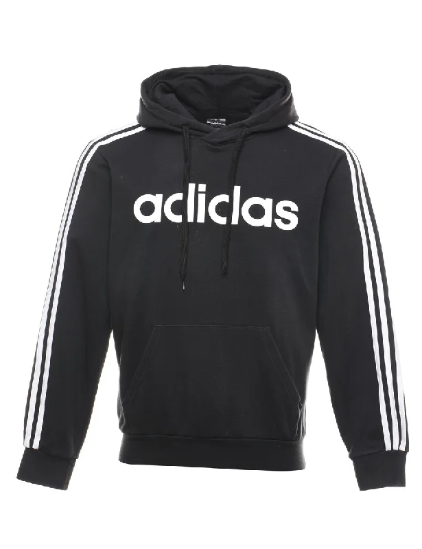 Adidas Black & White Three Stripe Hooded Sweatshirt - S Hoodie with Drawstring Waist Adjustable Fitted