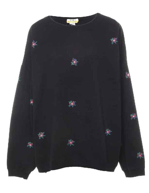 Black Floral Printed Sweatshirt - L Hoodie with Lace Feminine Delicate