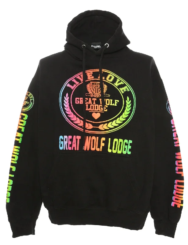 Black Printed Hoodie - S Hoodie with Raglan Sleeves Sporty Comfortable