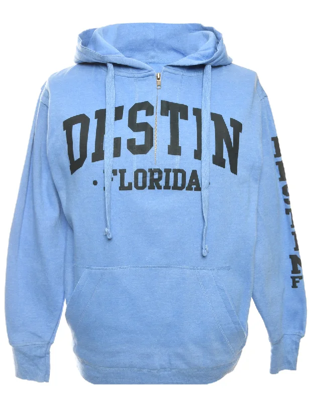 Blue Printed Hoodie - M Hoodie with Button Placket Classic Preppy