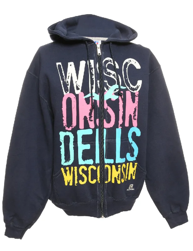 Blue Wisconsin Russell Athletic Printed Hoodie - M Hooded Sweatshirt Casual Wear Street Style