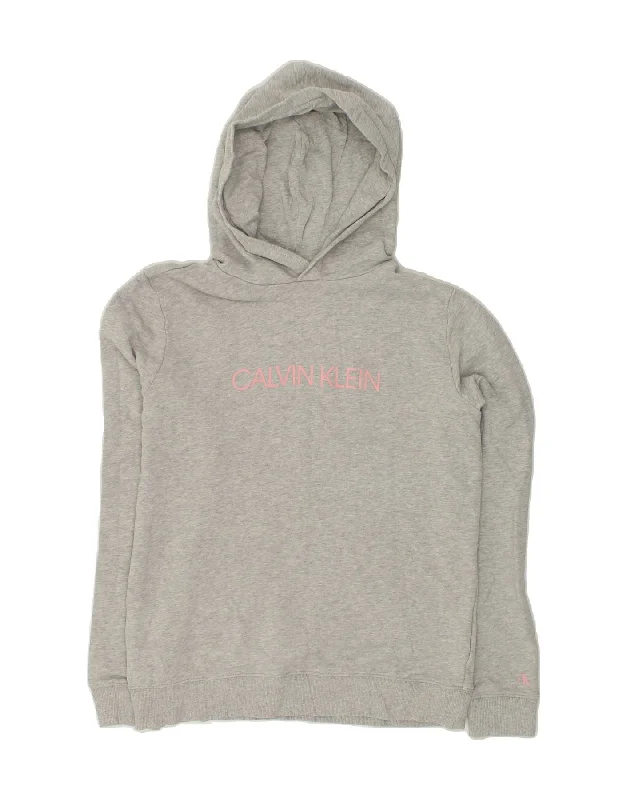 CALVIN KLEIN JEANS Girls Graphic Hoodie Jumper 15-16 Years Grey Cotton Zip Hoodie Drawstring Kangaroo Pocket