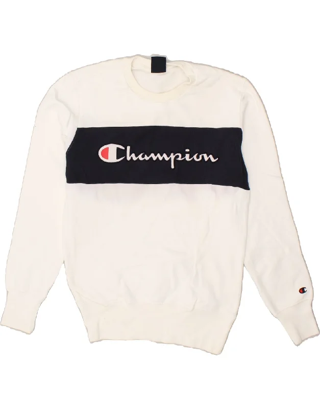 CHAMPION Mens Graphic Sweatshirt Jumper Small White Colourblock Cotton Hoodie with Monochrome Minimalist Simple