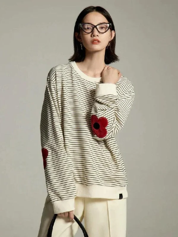 Daisy Embroidered Striped Sweatshirt Hoodie with Puffed Sleeves Voluminous Trendy