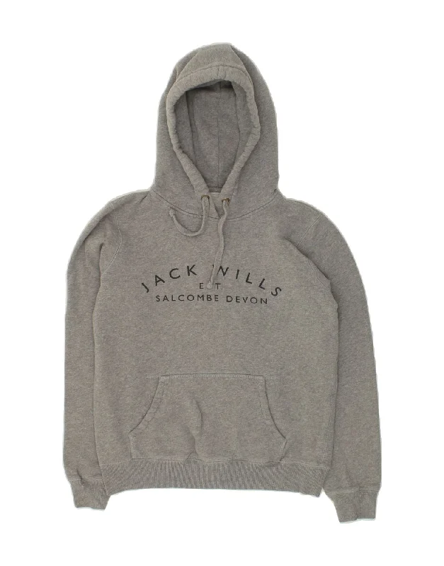 JACK WILLS Womens Graphic Hoodie Jumper UK 10 Small  Grey Cotton Hoodie with Set-In Sleeves Structured Classic