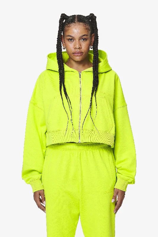 Marla Cropped Zip Hoodie Washed Lime Yellow Gum Hoodie with Hem Frayed Vintage Worn