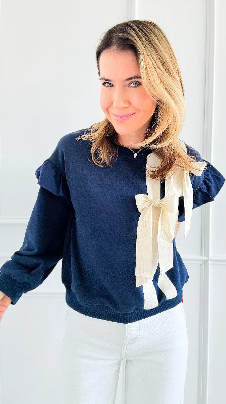 Navy Bow Ruffle Sweatshirt Hoodie with Lace Feminine Delicate