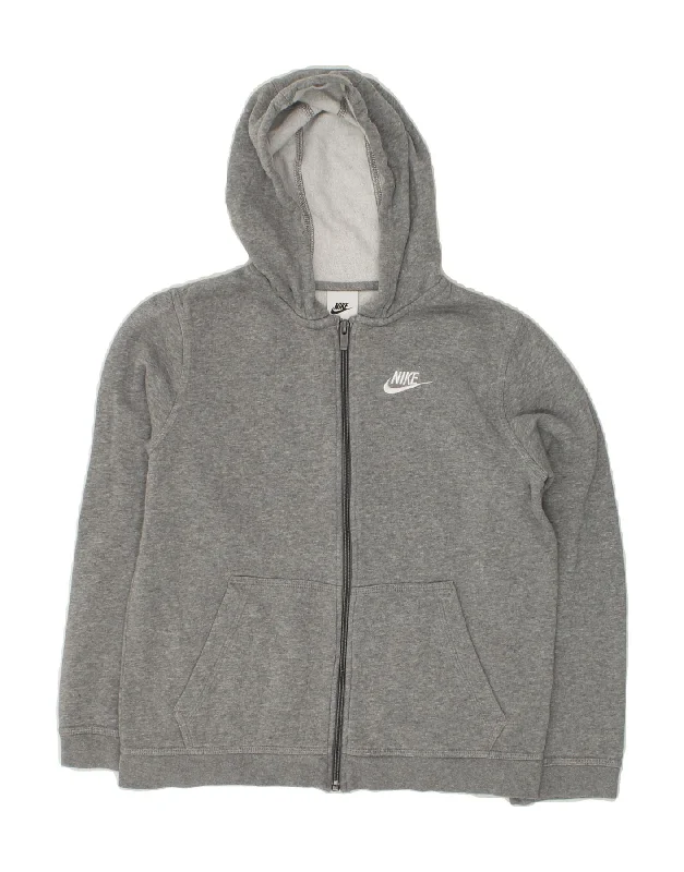 NIKE Boys Zip Hoodie Sweater 12-13 Years Large Grey Cotton Hoodie with Tied Waist Feminine Flattering