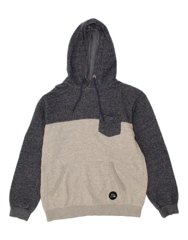 QUIKSILVER Mens Hoodie Jumper Medium Grey Colourblock Cotton Hoodie with Rhinestones Sparkly Elegant