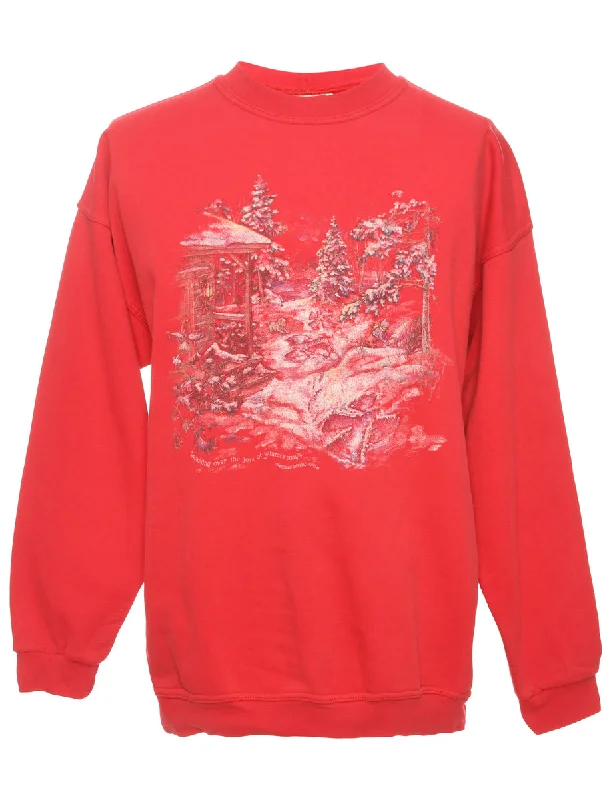 Red Printed Sweatshirt - M Hoodie with Full-Zip Functional Layering