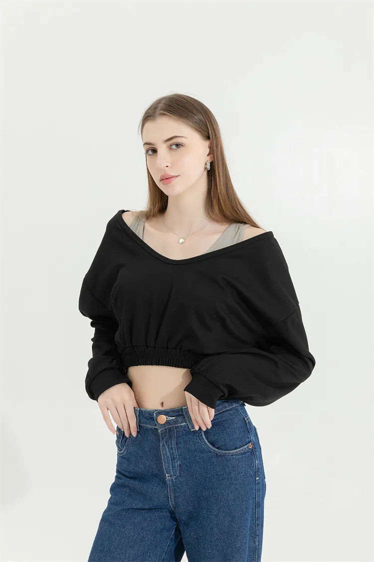 Strap Detailed Wide Neck Crop Sweatshirt Hoodie with Drop Shoulder Relaxed Streetwear