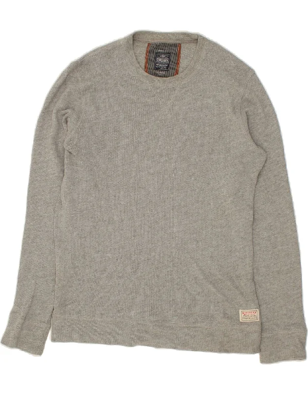 SUPERDRY Mens Sweatshirt Jumper Large Grey Cotton Hoodie with Ribbed Neckline Snug Warm