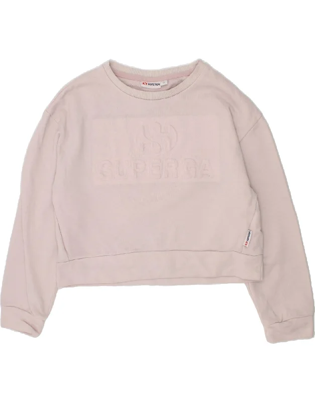 SUPERGA Girls Crop Graphic Sweatshirt Jumper 11-12 Years Large Pink Cotton Hoodie with Longline Fit Extended Stylish