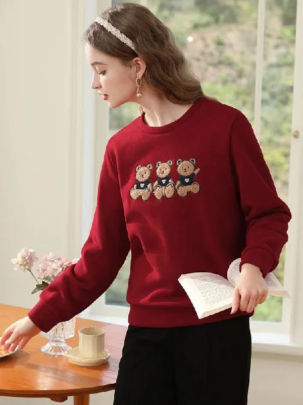 Teddy Bears Embroidered Sweatshirt Hoodie with Color Block Contrast Stylish