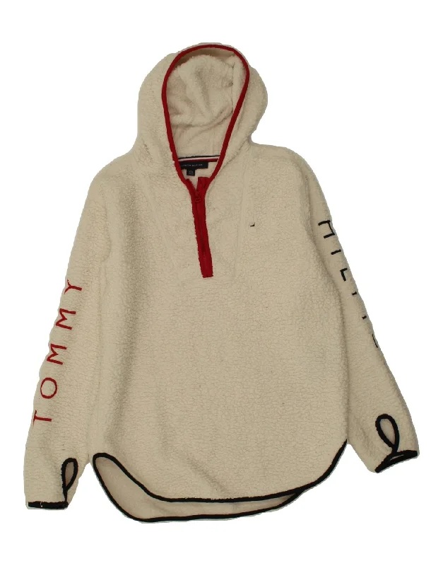 TOMMY HILFIGER Womens Oversized Hooded Fleece Jumper UK 6 XS Off White Hoodie with Logo Branding Identity