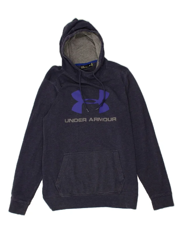 UNDER ARMOUR Mens Graphic Hoodie Jumper Large Navy Blue Cotton Hoodie with Contrast Stitching Detailed Premium