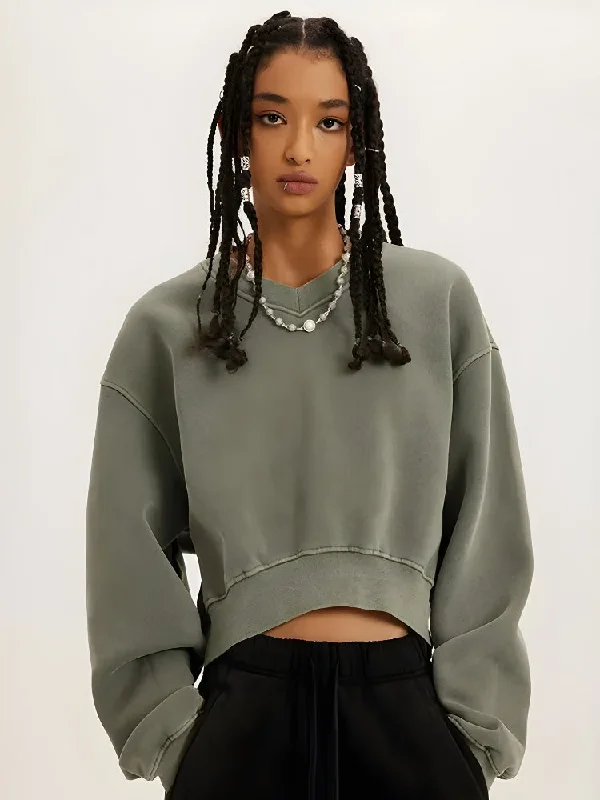 V-Neck Drop Shoulder Cropped Sweatshirt Hoodie with Hem Fringe Bohemian Relaxed