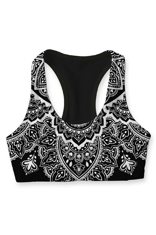 Black Nirvana Stella White Boho Seamless Racerback Sports Bra - Women Versatile Bralette Set