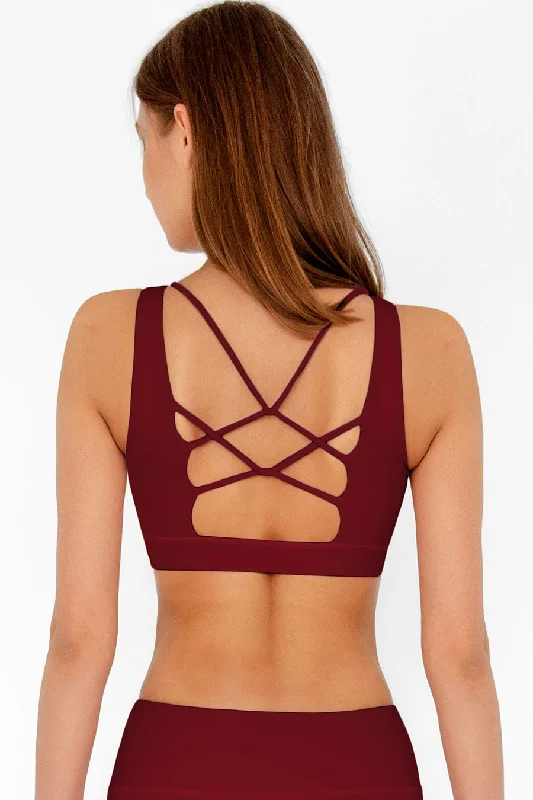 3 for $49! Maroon Red Kelly Strappy Open-Back Padded Sports Bra - Women Smooth Push-Up Bra