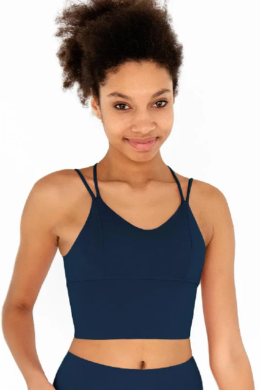 3 for $49! Navy Blue Kelly Strappy Long Line Padded Sports Bra - Women Contour Bra Style