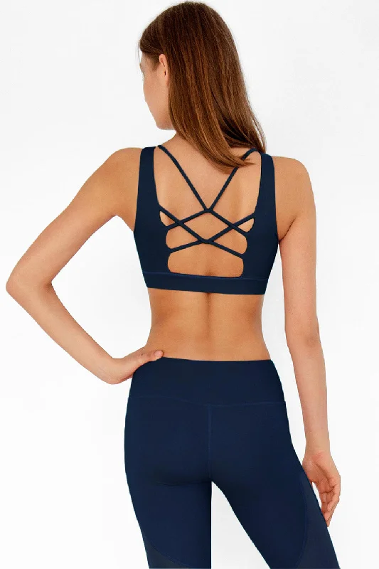 3 for $49! Navy Blue Kelly Strappy Open-Back Padded Sports Bra - Women Adjustable Bra Straps