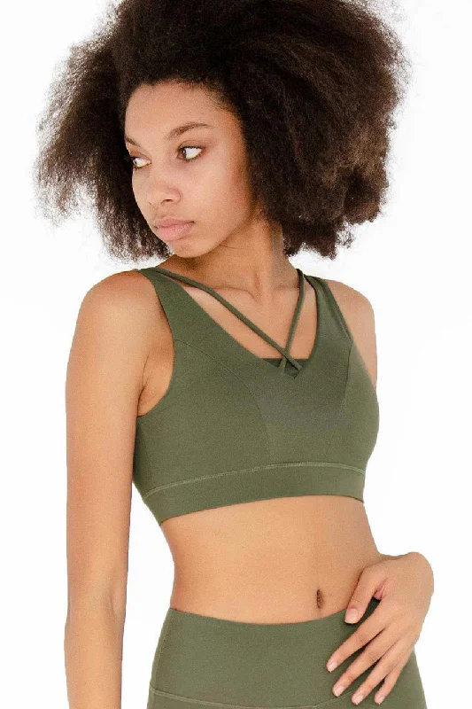 3 for $49! Olive Khaki Green Kelly Strappy Open-Back Padded Sports Bra - Women Push-Up Bra Set